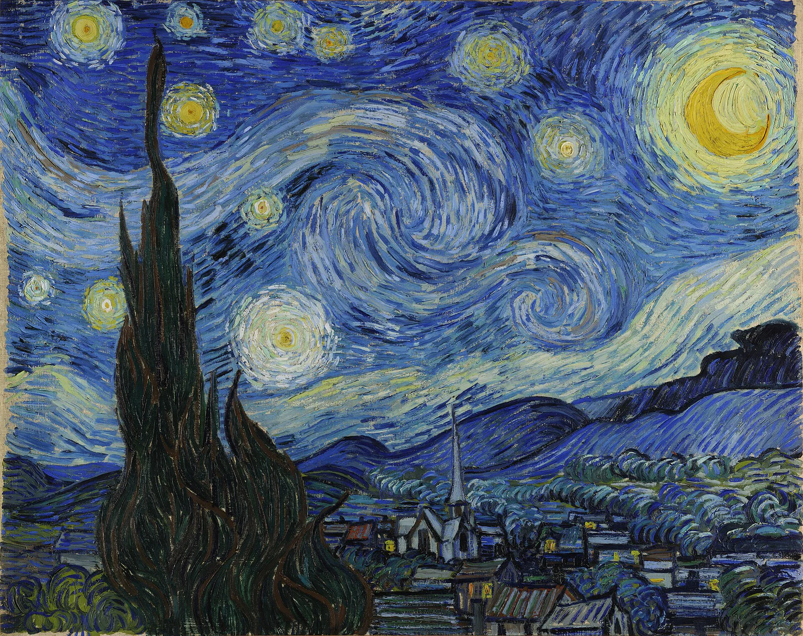Painted in June 1889 at Saint-Rémy, The Starry Night transforms the view from Van Gogh’s asylum window into an invented cosmos of spiralling light, memory, and emotional intensity.