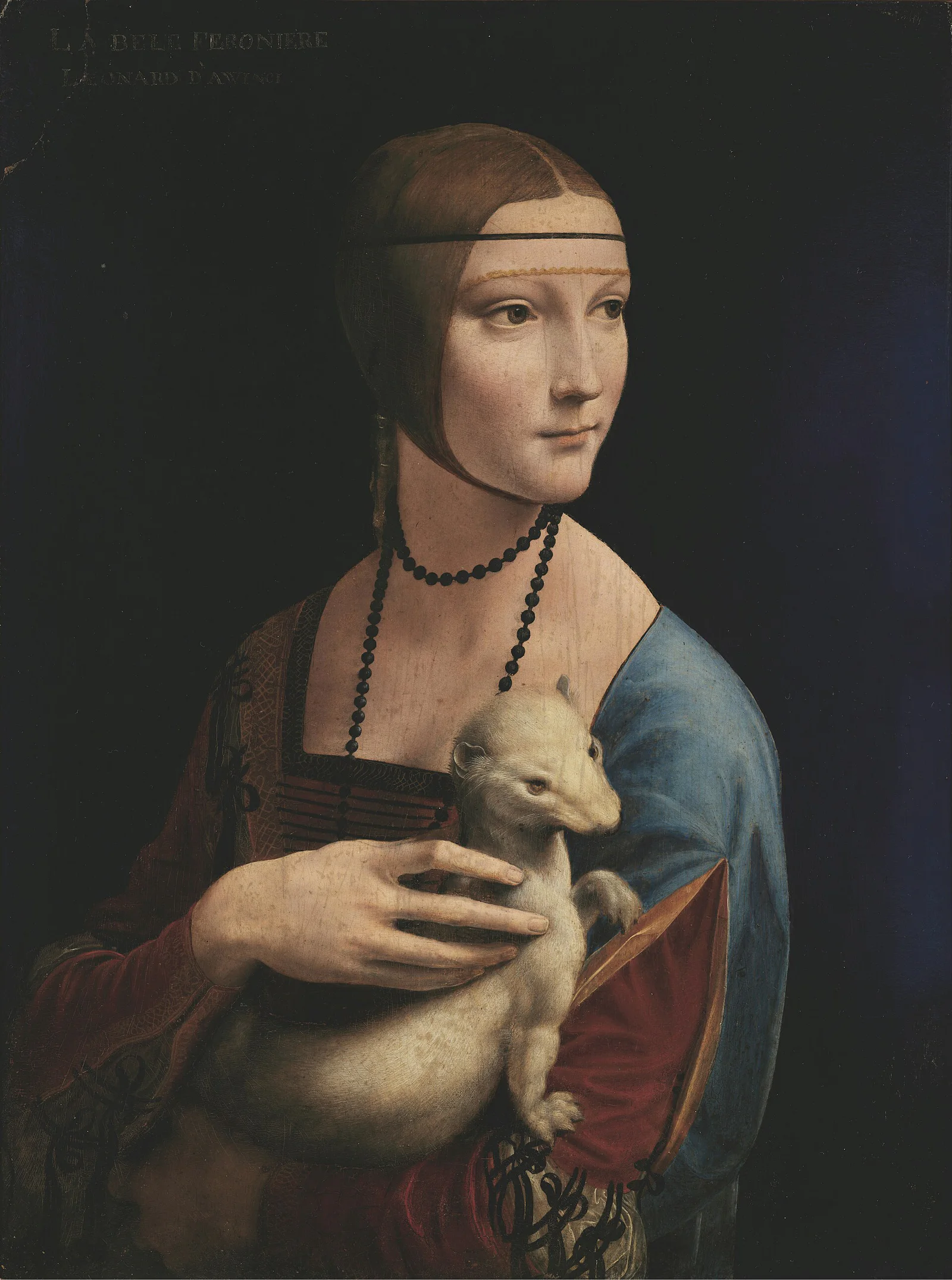 Leonardo’s Lady with an Ermine provides a close comparison for the Mona Lisa: both portraits rely on a controlled turn of the body, concentrated stillness and delicately softened transitions, though the later painting pushes sfumato further. Lady with an Ermine, Leonardo da Vinci, c. 1489–90, oil on panel.