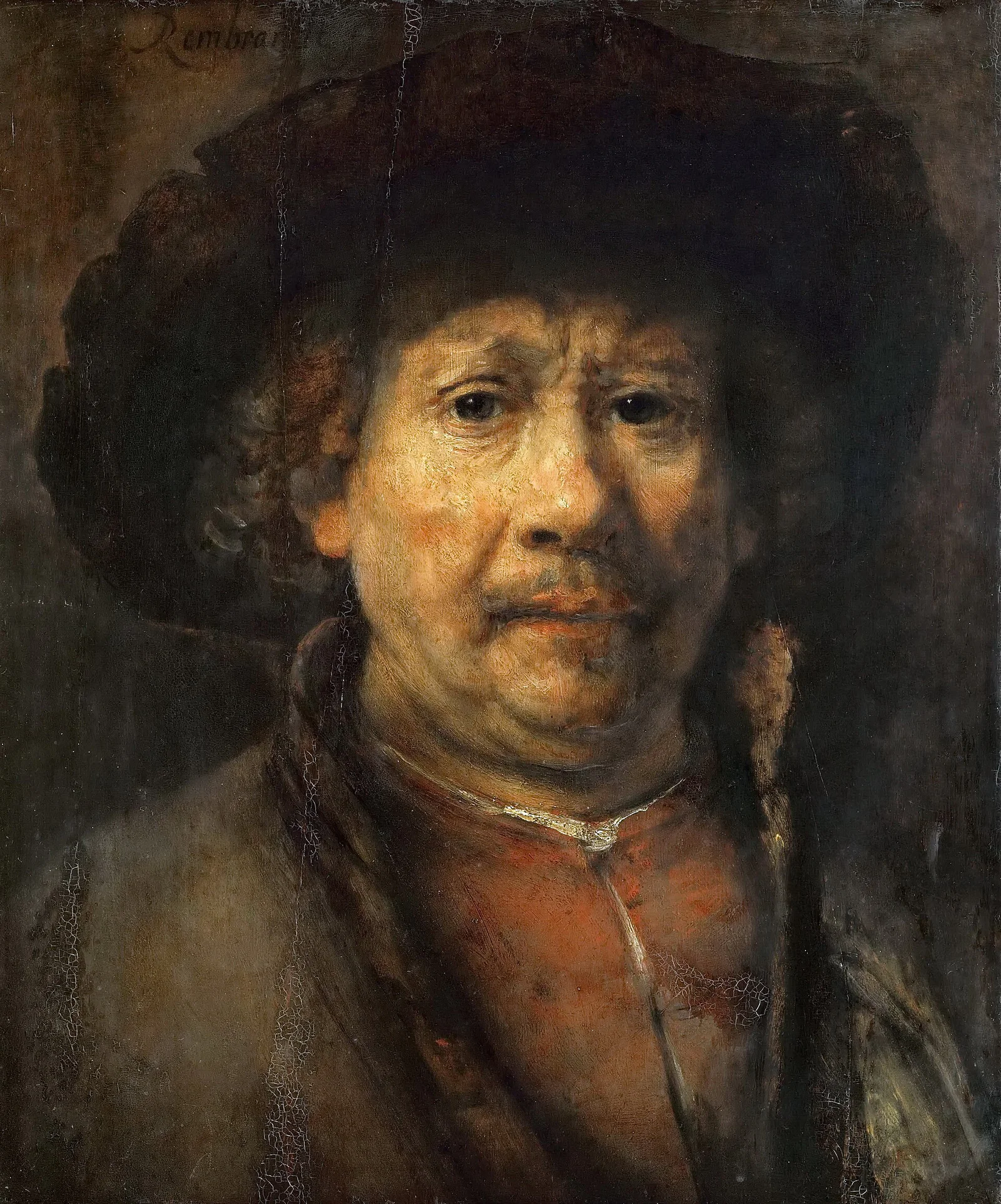 Rembrandt turns his own face into a study of age, scrutiny, and painterly control, making self-portraiture central to his late career. Work: Self-Portrait, by Rembrandt, 1661, oil on canvas.