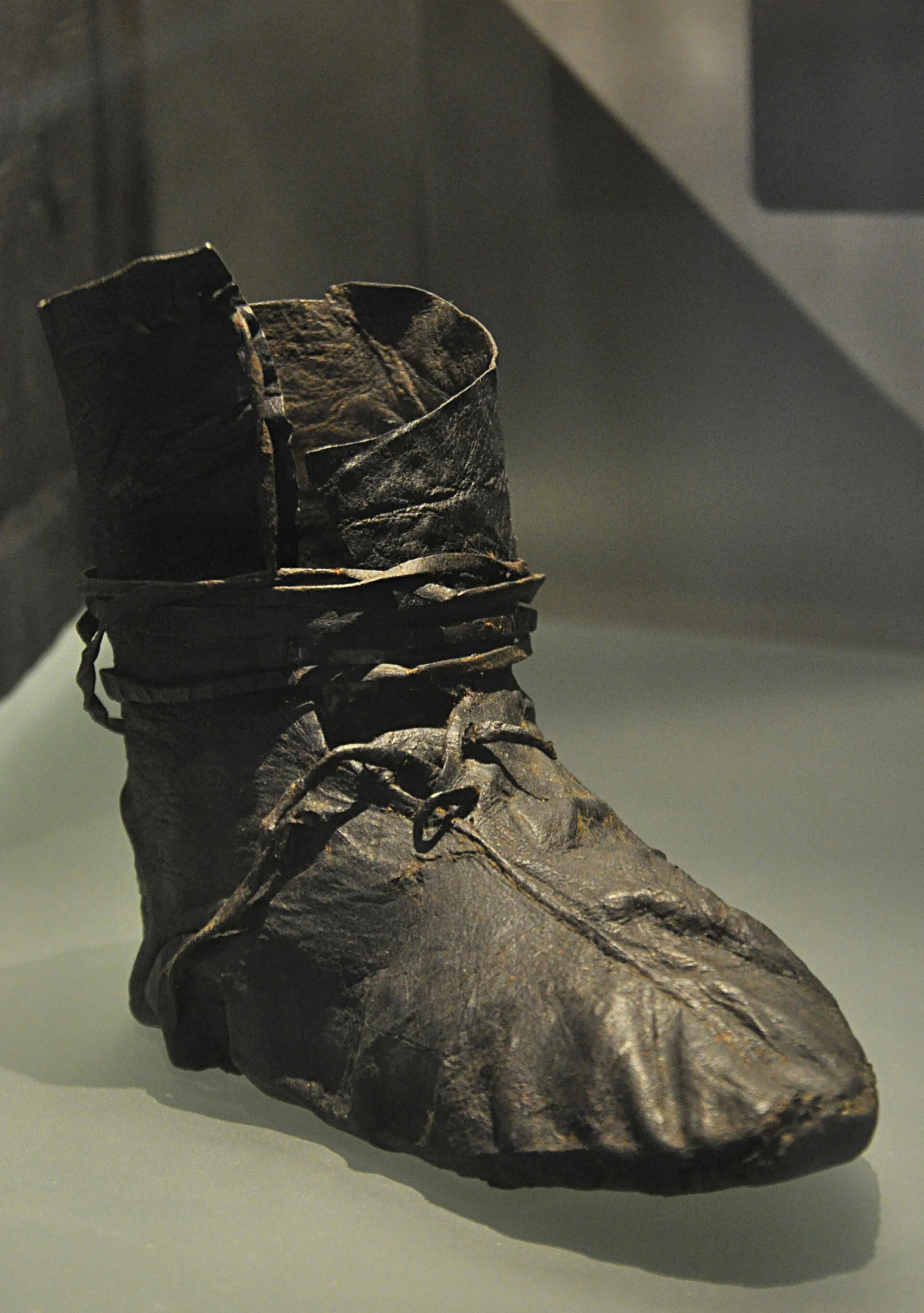 A viking shoe from Oseberg ship burial. Viking Ship Museum, Oslo, Norway November 2011