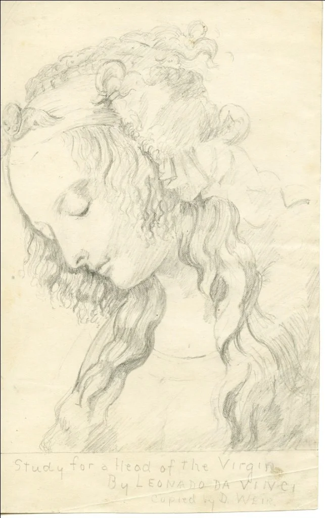 This study for the head of the Virgin shows Leonardo refining the same soft gradations of light and shadow that would later underpin the facial modelling of the Mona Lisa. Study for Head of a Virgin, Leonardo da Vinci, c. 1508–10, black chalk, brush and wash on paper.