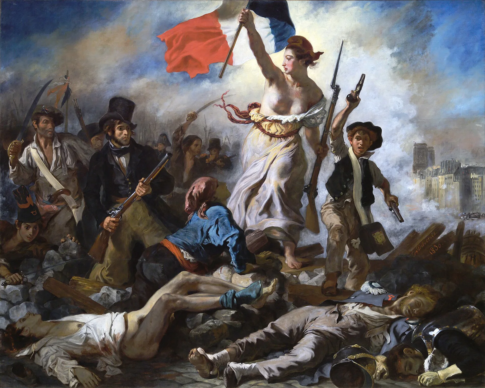 Delacroix’s Liberty Leading the People, painted after the July Revolution of 1830, became one of the most enduring later images through which the French Revolution was remembered. Work: Liberty Leading the People, Eugène Delacroix, 1830, painting.