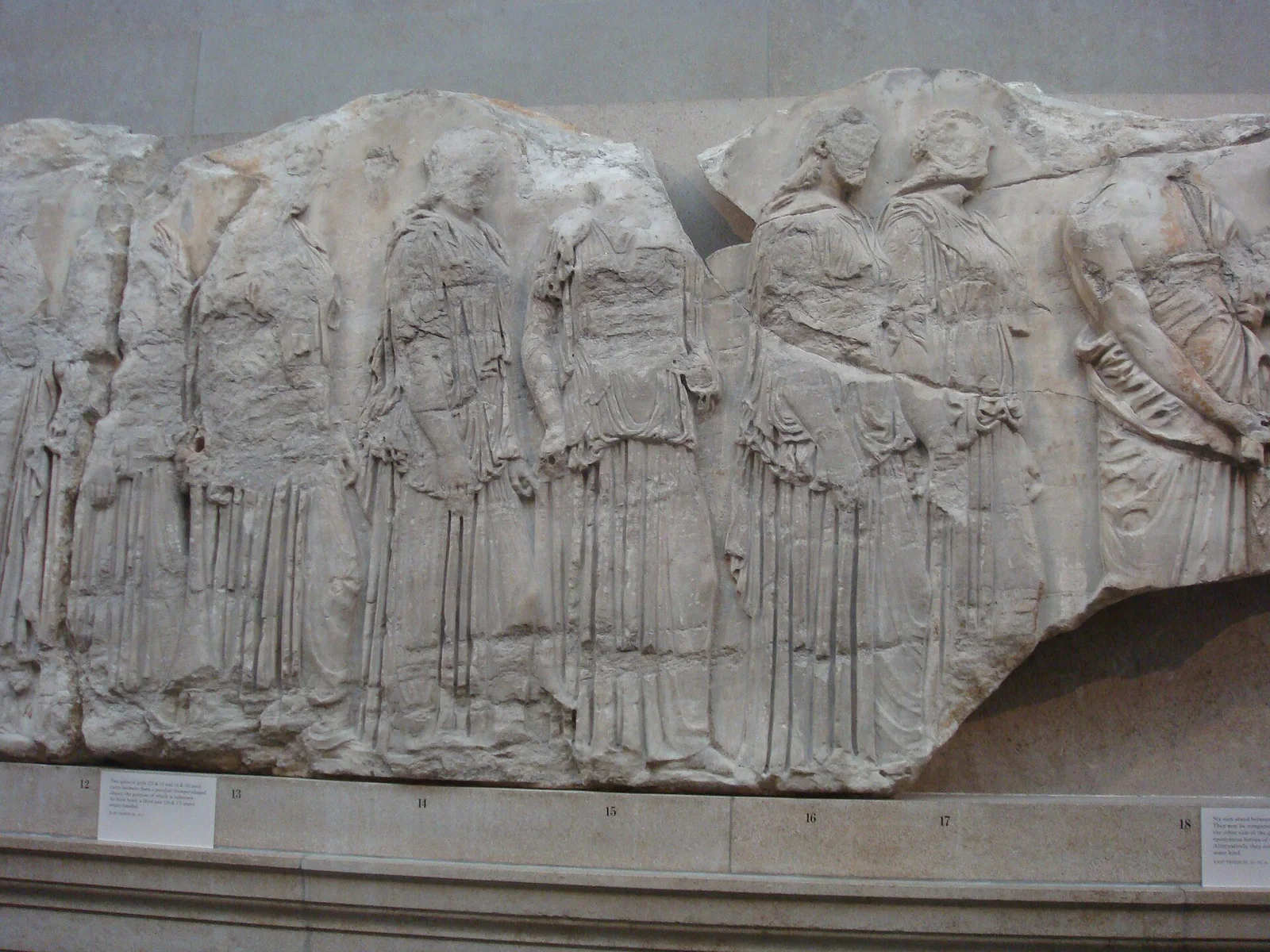 A section of the Parthenon frieze in the British Museum, where the sculptures are encountered as museum objects rather than as part of the temple’s continuous narrative band.