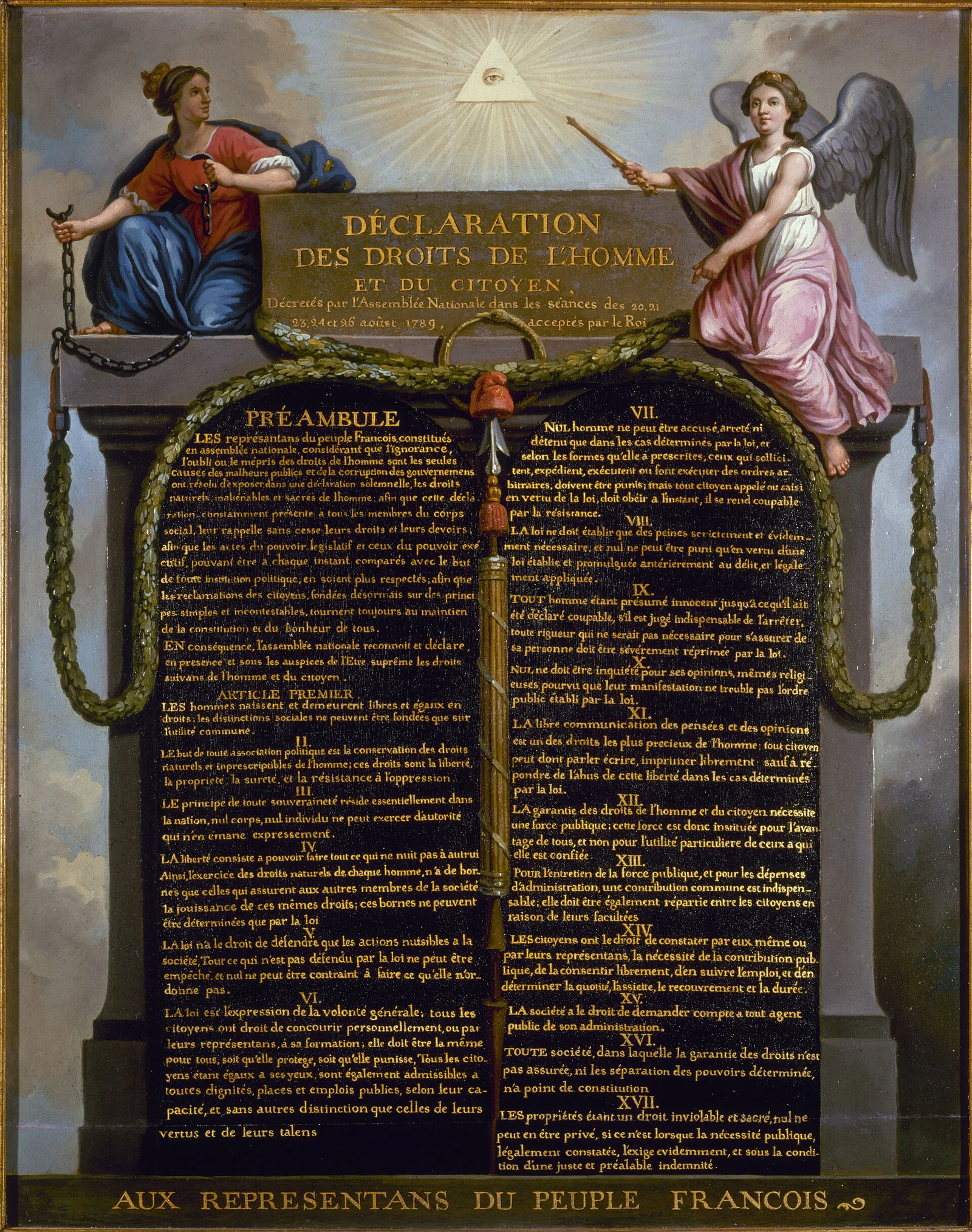 The full 1789 Declaration of the Rights of Man and of the Citizen turns revolutionary principle into a visual programme, framing liberty, law and sovereignty in a single allegorical document. Work: Declaration of the Rights of Man and of the Citizen, attributed composition by Jean-Jacques-François Le Barbier, 1789, print.