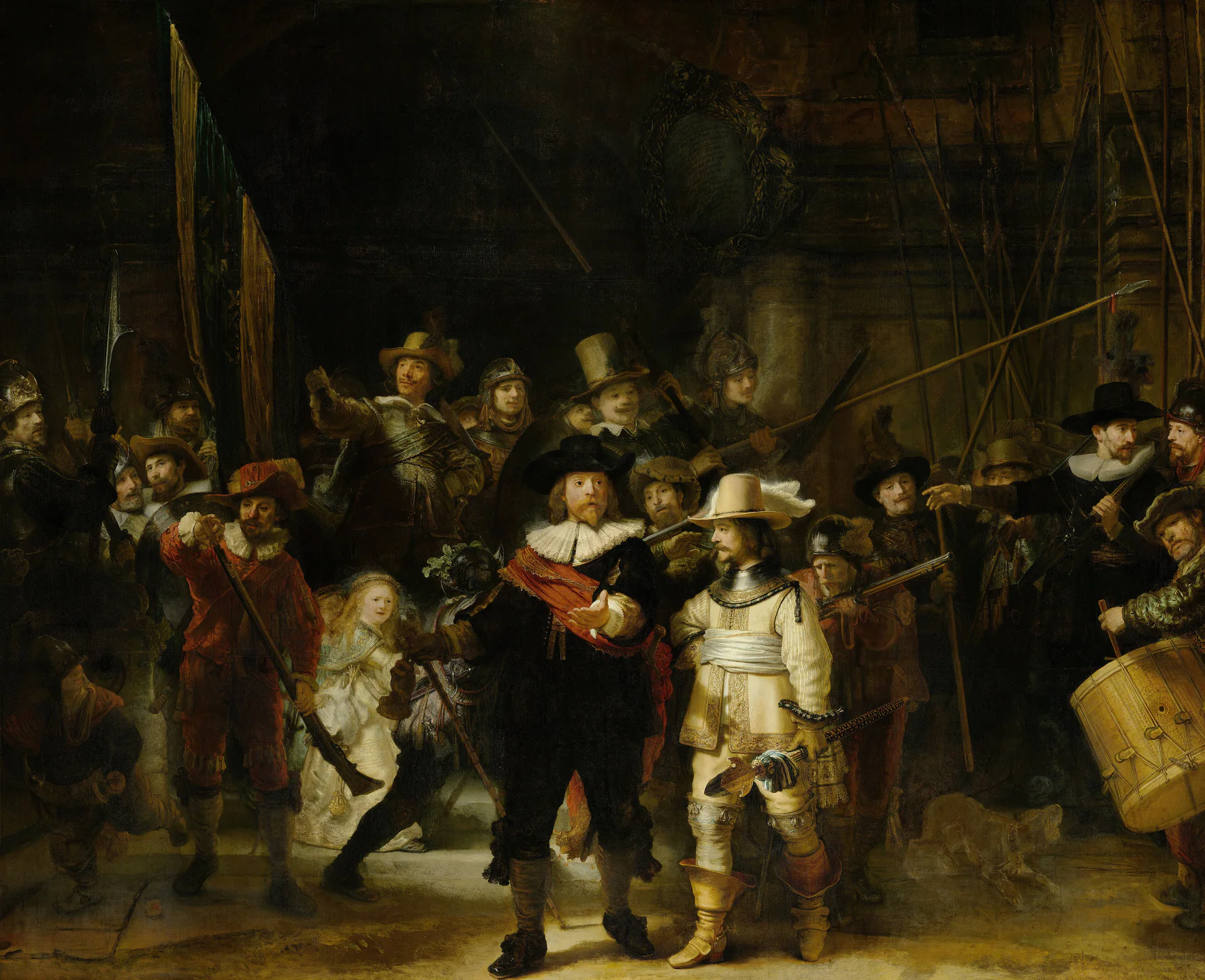 The Night Watch transforms a civic militia portrait into a scene of motion, hierarchy, and theatrical light, capturing the public ambition of the Dutch Republic. Work: The Night Watch, by Rembrandt, 1642, oil on canvas.