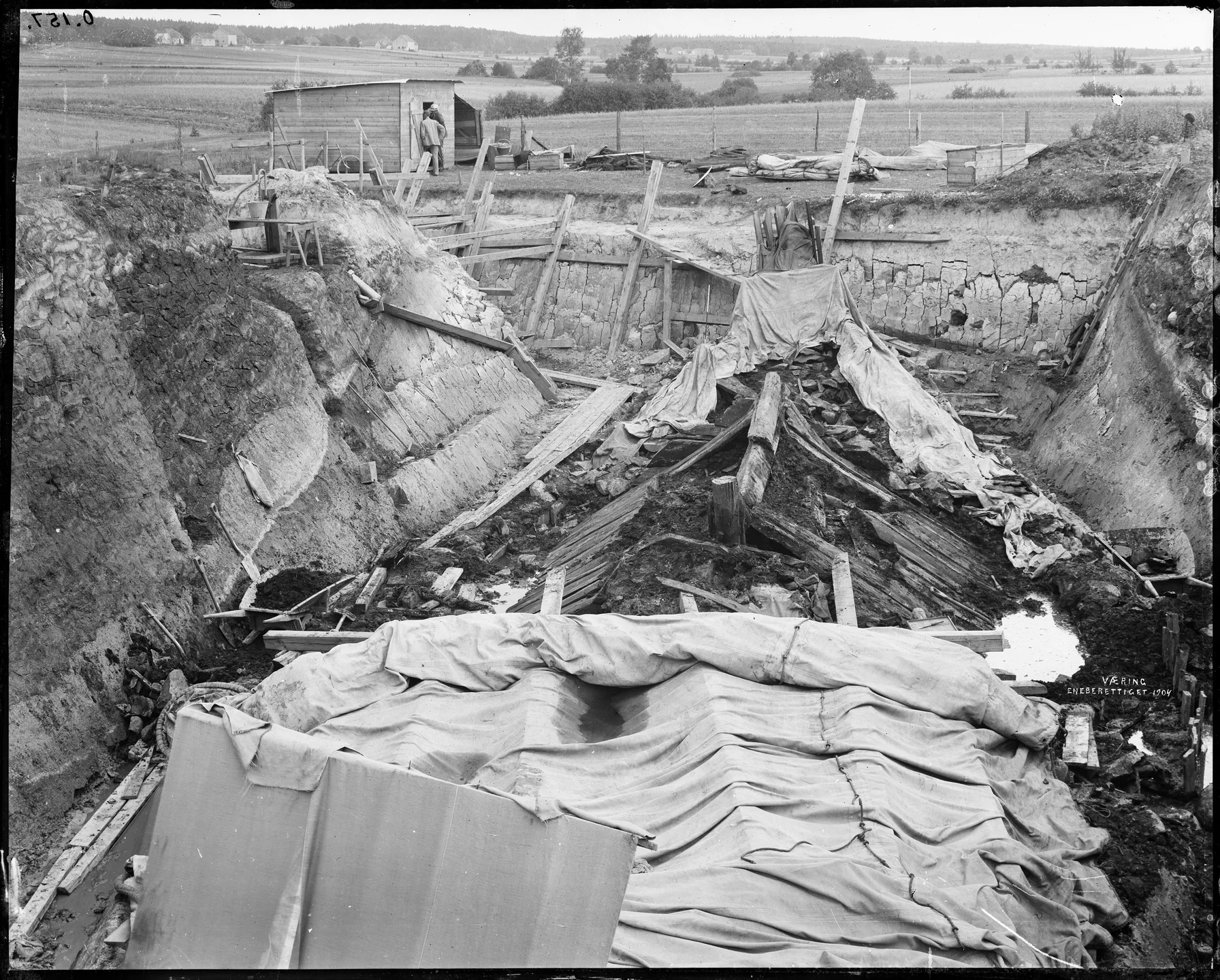 Historic photograph of the Oseberg ship excavation, a key Viking Age archaeological discovery
